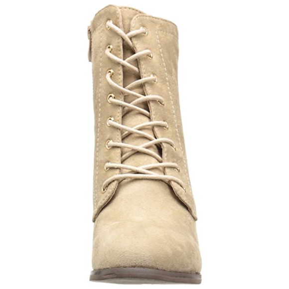 Cream Lace Up Block Heeled Combat Boots - Picture 5 of 5